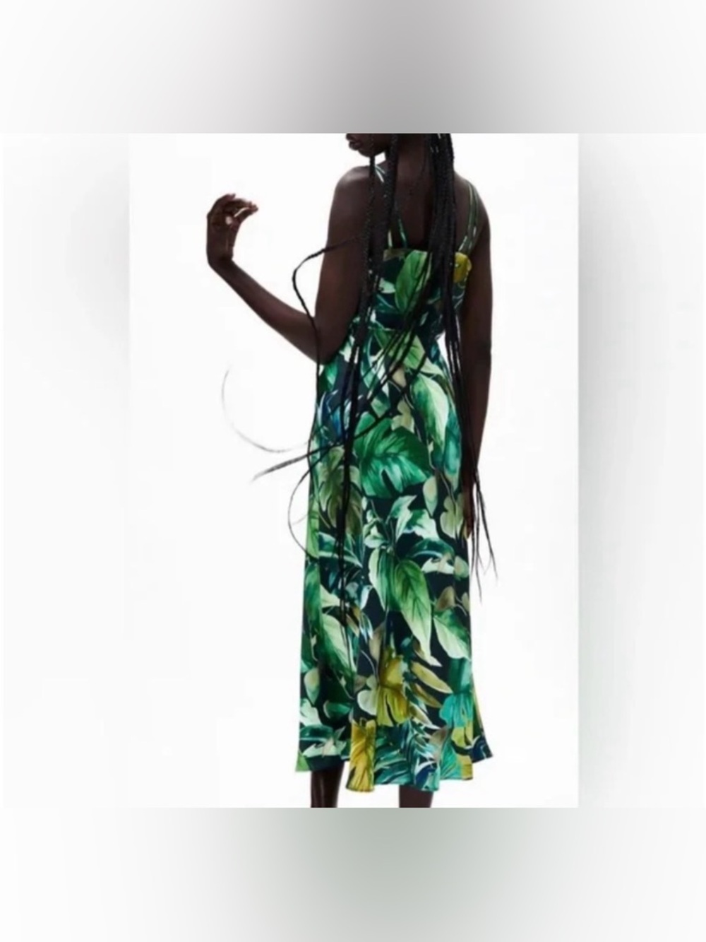 Zara- XS- Tropical Green Leaf Print V-Neck Midi Dress Straps - Picture 2 of 4